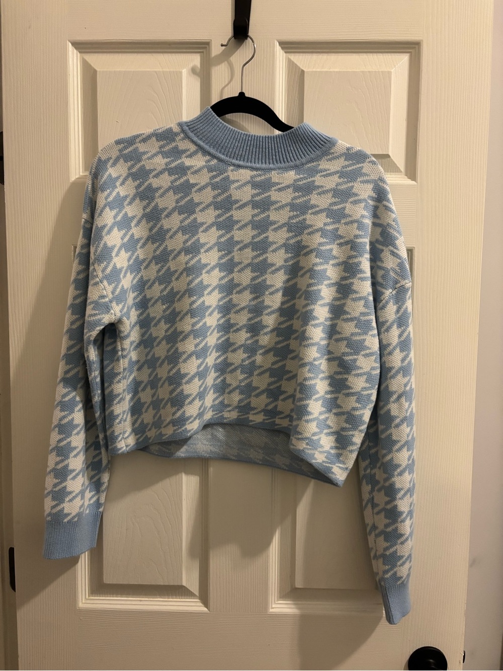 Divided Light Blue and White Houndstooth Crewneck Sweater